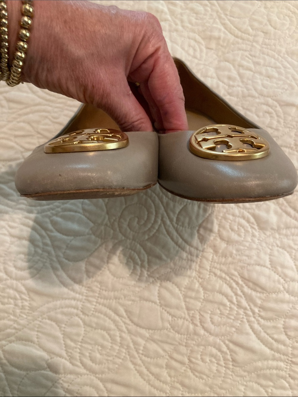 Tory Burch Chelsea Taupe Leather Logo Ballet Flats with Gold Medallions - Picture 3 of 12